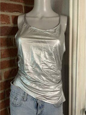 Silver Metallic Cami Top Strappy Back Y2K Going Out Tank Small